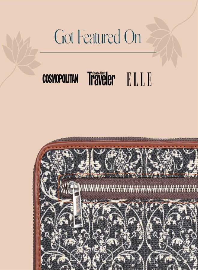 ZOUK حقيبة يد نسائية من زوك مصنوعة يدوياً من الجلد النباتي والجوت، مزينة بطبعة دانتيل هندي، مناسبة للهواتف المحمولة (أسود) - Image 4